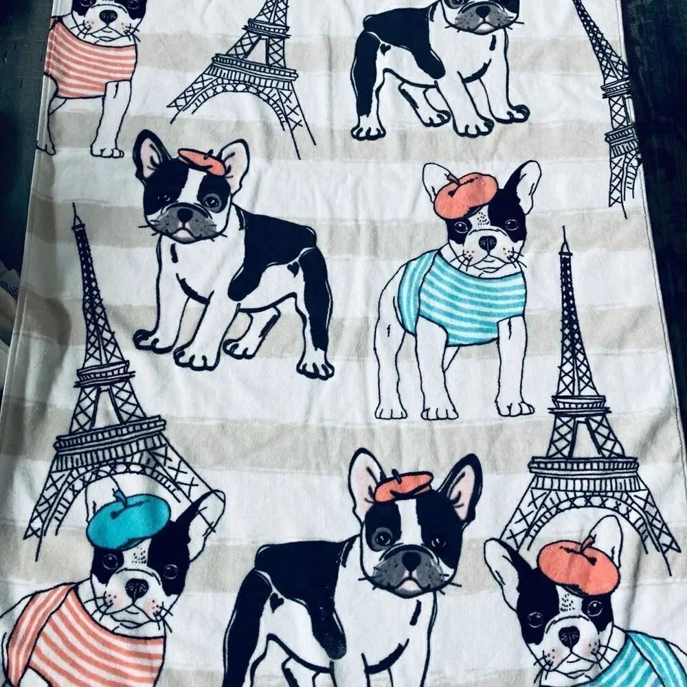 Frenchie Dog 3-pc Paris Eiffel Tower Beret Dogs Bath Towels Set